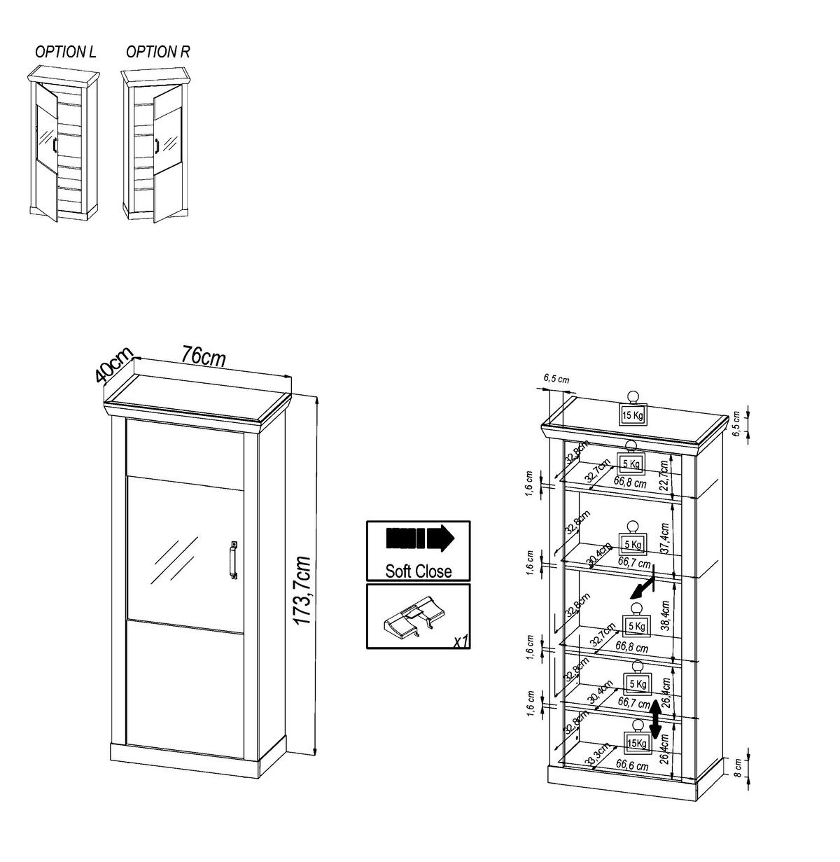 VITRÍNA, antracitová, farba duba, 76/173,7/40 cm - čierna/farba duba, Konventionell, kompozitné drevo/plast (76/173,7/40cm) - Livetastic