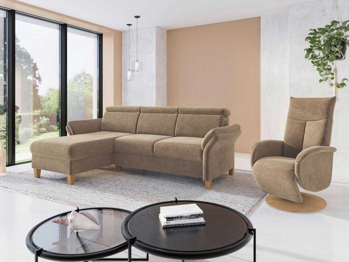 ECKSOFA GLENDALE E Hellbraun Flachgewebe  - Hellbraun/Eichefarben, KONVENTIONELL, Holz/Textil (166/253cm) - Sit & More