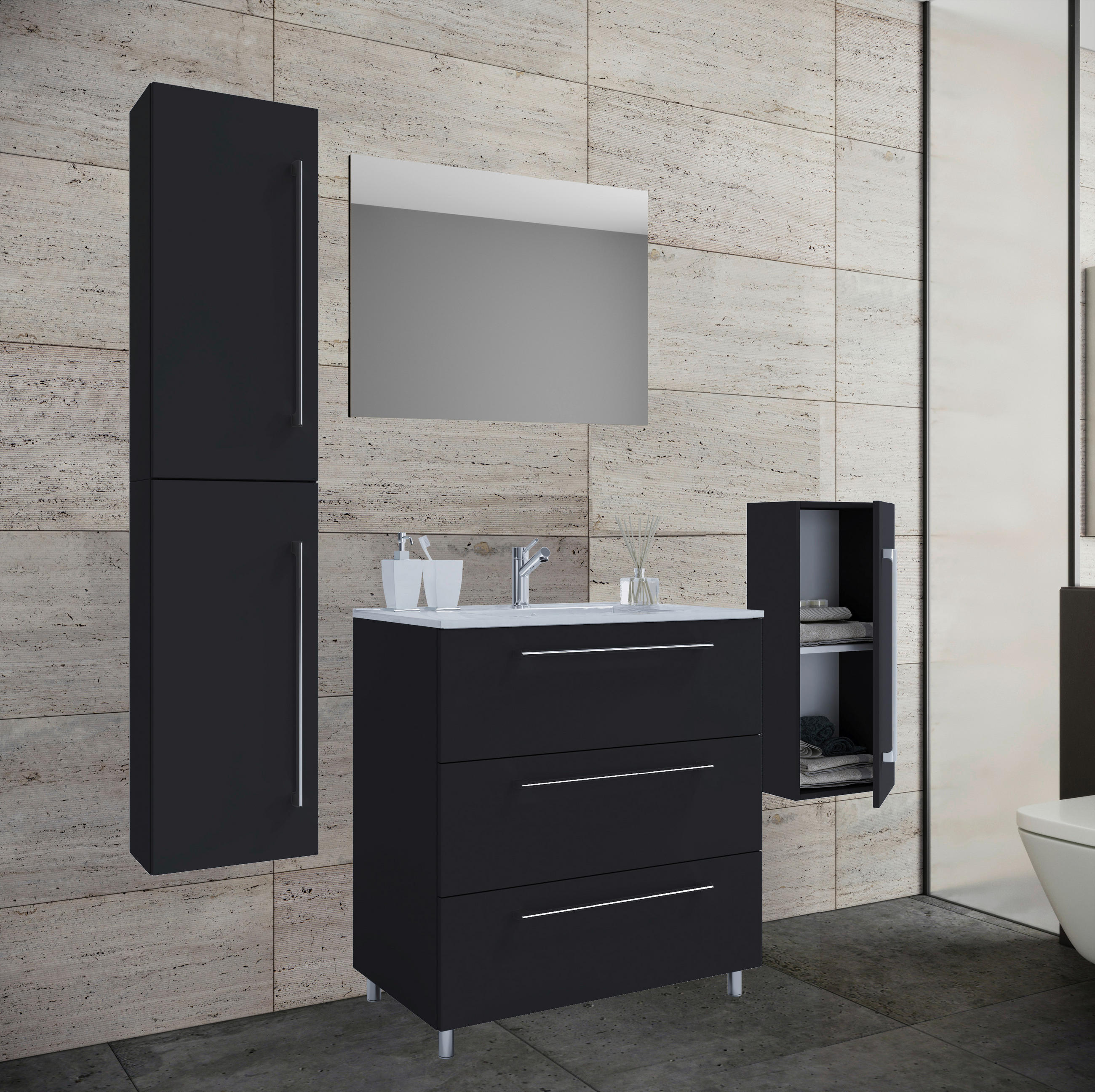 BADEZIMMER 5-teilig  in 126 cm  - Alufarben/Schwarz, MODERN, Keramik/Holzwerkstoff (126cm) - MID.YOU