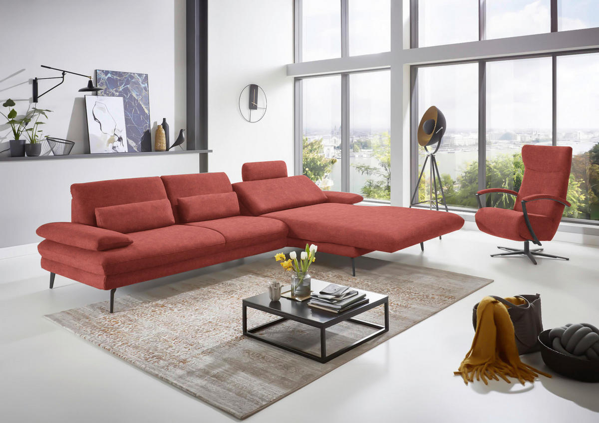 ECKSOFA in Velours Koralle  - Koralle/Schwarz, Design, Textil/Metall (310/180cm) - Dieter Knoll