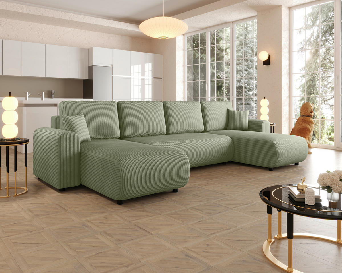 WOHNLANDSCHAFT  in Cord Grün  - Schwarz/Grün, KONVENTIONELL, Textil (152/318/152cm) - Xora