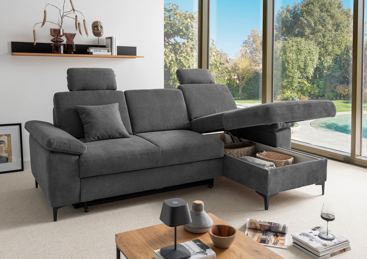 ECKSOFA Chenille Anthrazit  - Anthrazit/Schwarz, Konventionell, Textil/Metall (245/151cm) - Livetastic