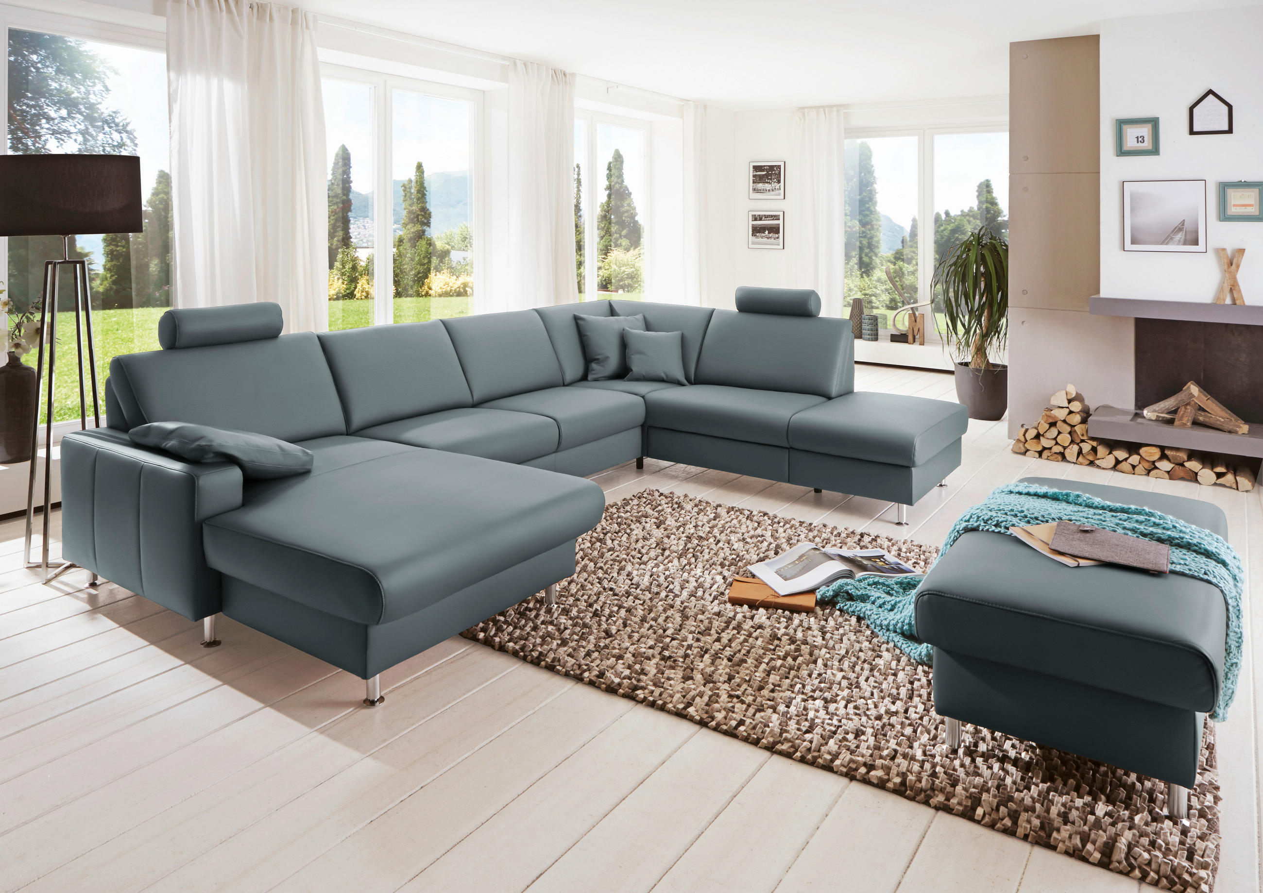 WOHNLANDSCHAFT in Echtleder Blaugrau  - Blaugrau/Alufarben, Design, Leder/Metall (165/339/233cm) - Beldomo Premium