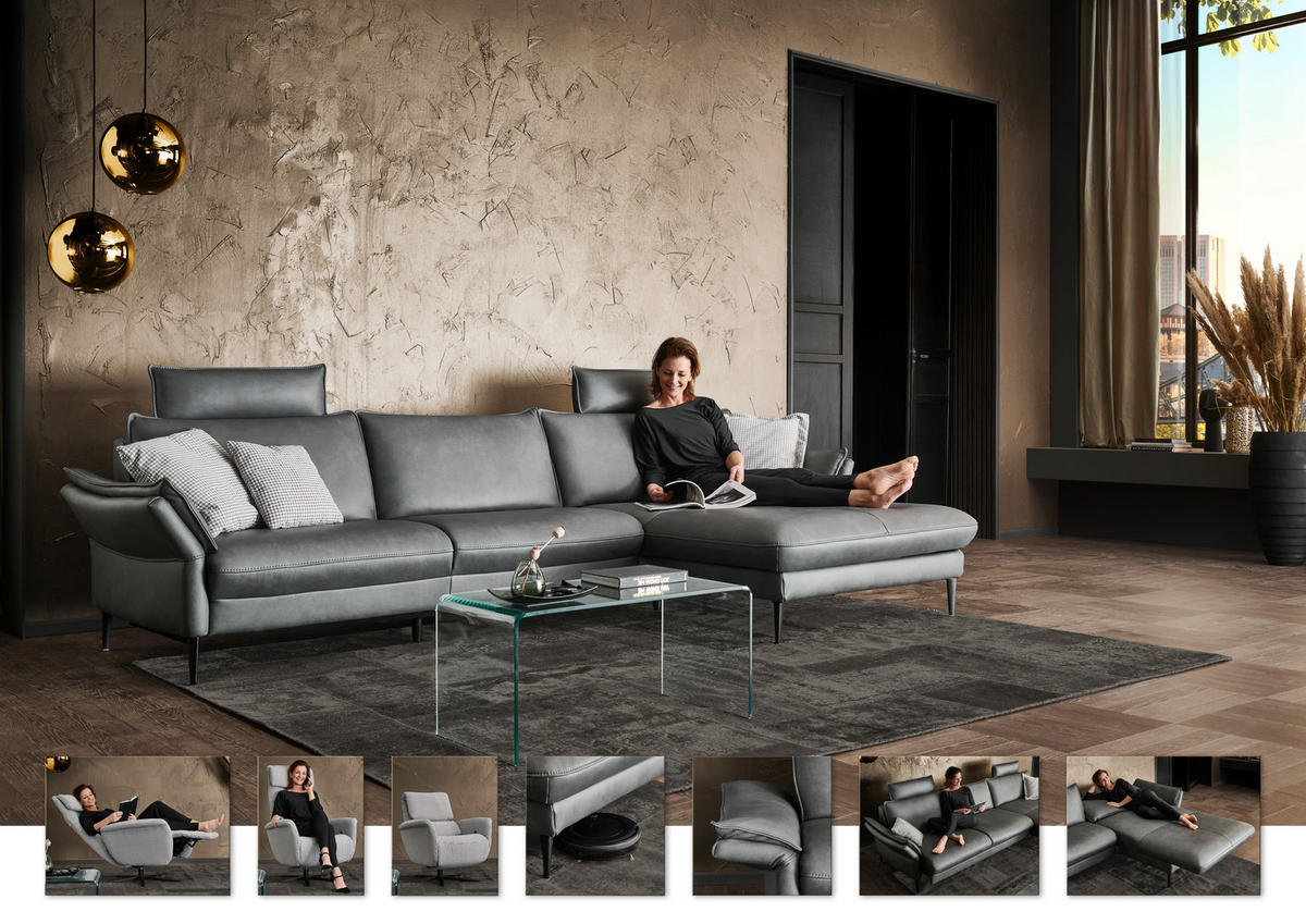 ECKSOFA in Echtleder Anthrazit  - Anthrazit/Schwarz, Design, Leder/Metall (334/172cm) - Hukla