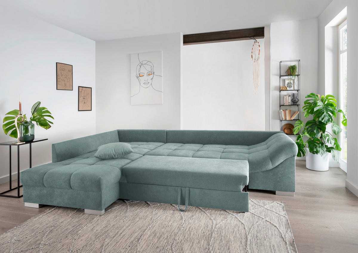 ECKSCHLAFSOFA Mintgrün Mikrofaser  - Silberfarben/Mintgrün, Design, Holz/Textil (202/298cm) - MID.YOU