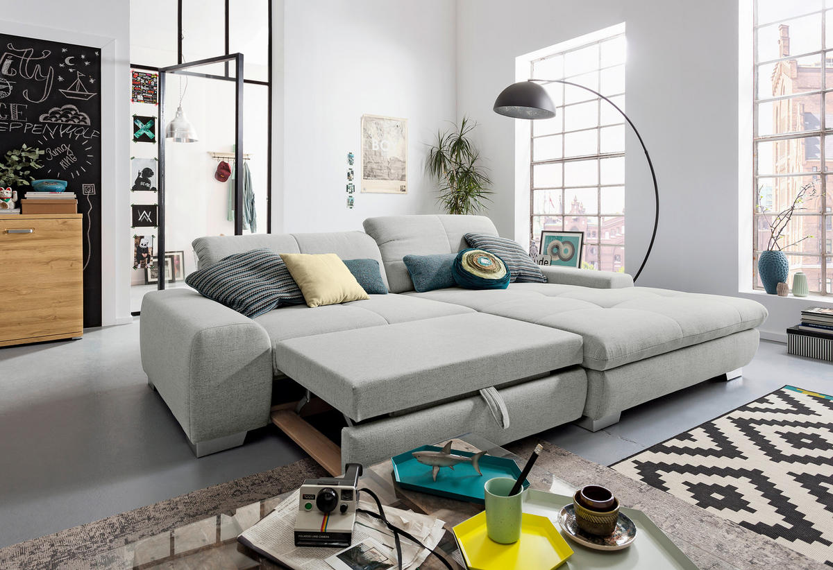 ECKSOFA Hellgrau Flachgewebe  - Chromfarben/Hellgrau, Design, Textil/Metall (276/198cm) - SetOne by Musterring