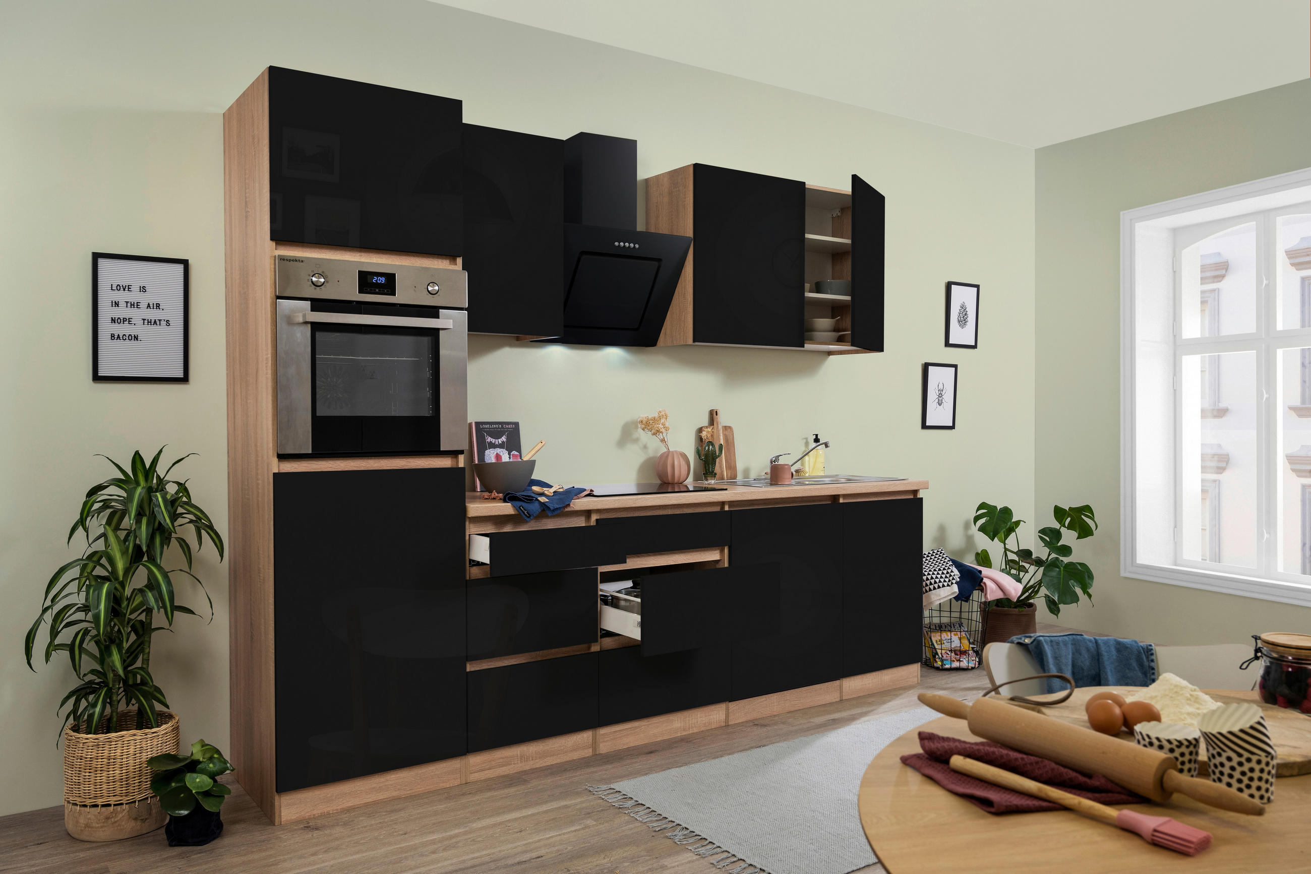 KÜCHENBLOCK 280 cm   in Eichefarben  - Eichefarben/Schwarz, MODERN, Holzwerkstoff (280cm) - Respekta