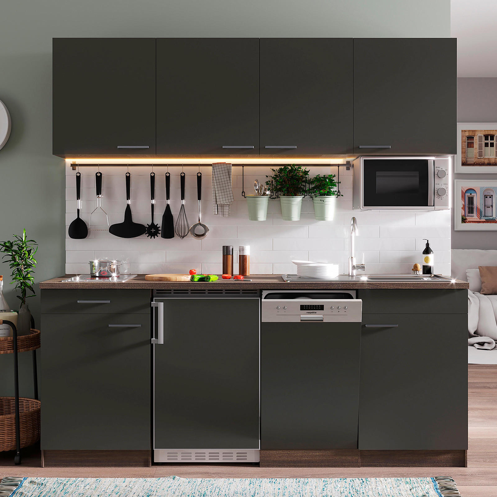 KÜCHENBLOCK 195 cm   in Grau, Eichefarben  - Eichefarben/Grau, Basics, Holzwerkstoff (195cm) - Respekta