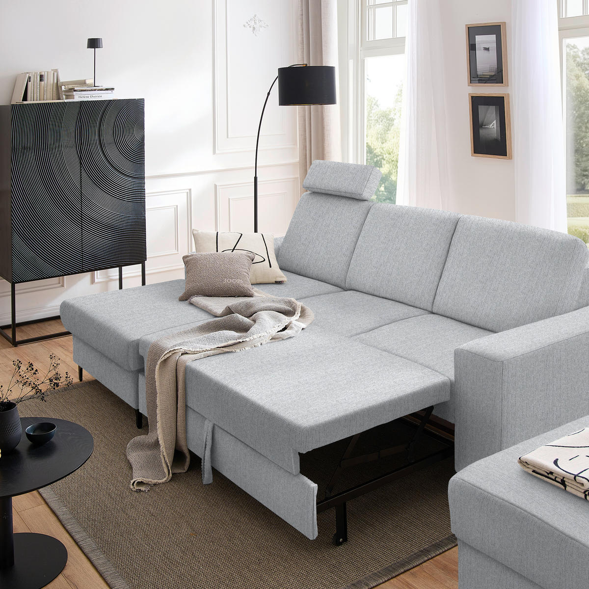 ECKSOFA in Webstoff Grau, Hellgrau  - Hellgrau/Schwarz, Konventionell, Textil/Metall (167/247cm) - Stylife