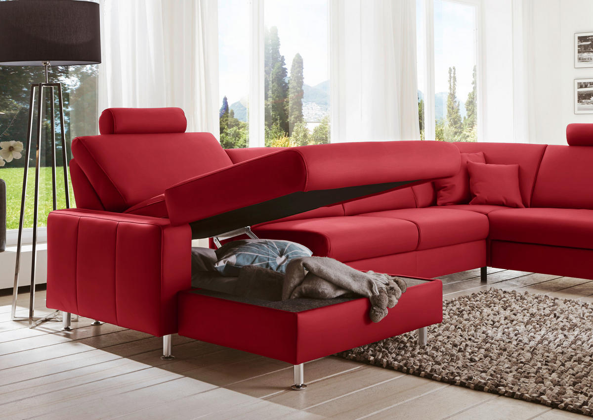 WOHNLANDSCHAFT in Echtleder Rot  - Rot/Alufarben, Design, Leder/Metall (165/339/233cm) - Beldomo Premium