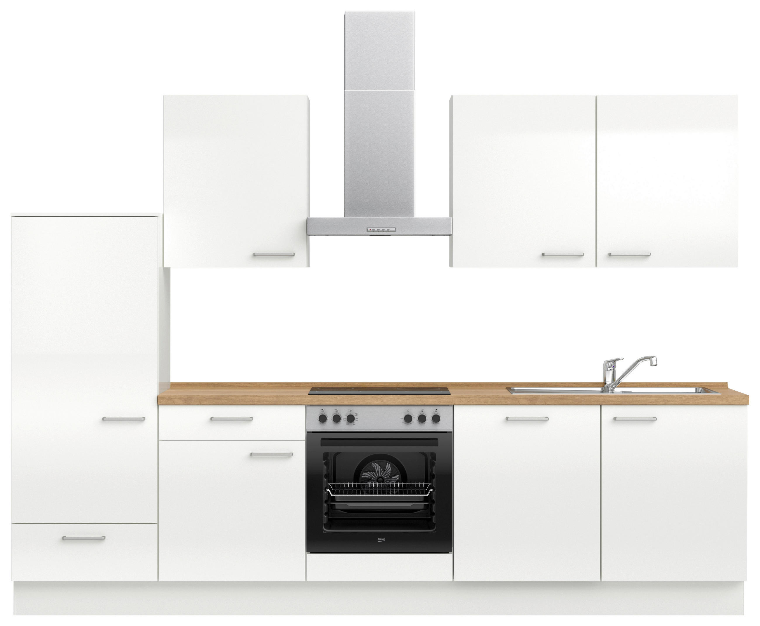 KÜCHENLEERBLOCK 300 cm   in Eichefarben, Weiß Hochglanz  - Edelstahlfarben/Eichefarben, MODERN, Holzwerkstoff/Metall (300cm) - Nobilia