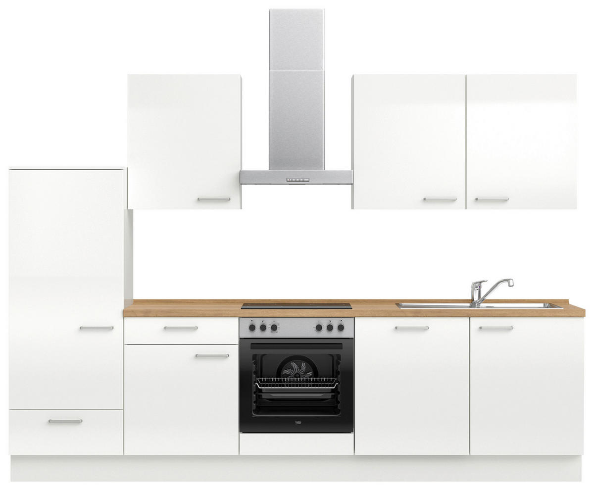 KÜCHENLEERBLOCK 300 cm   in Eichefarben, Weiß Hochglanz  - Edelstahlfarben/Eichefarben, MODERN, Holzwerkstoff/Metall (300cm) - Nobilia