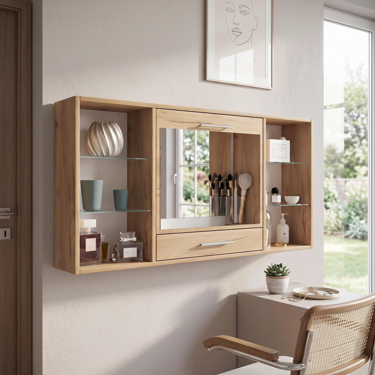 WANDREGAL  - Honigeiche/Alufarben, MODERN, Glas/Holzwerkstoff (112/60/19,7cm) - MID.YOU