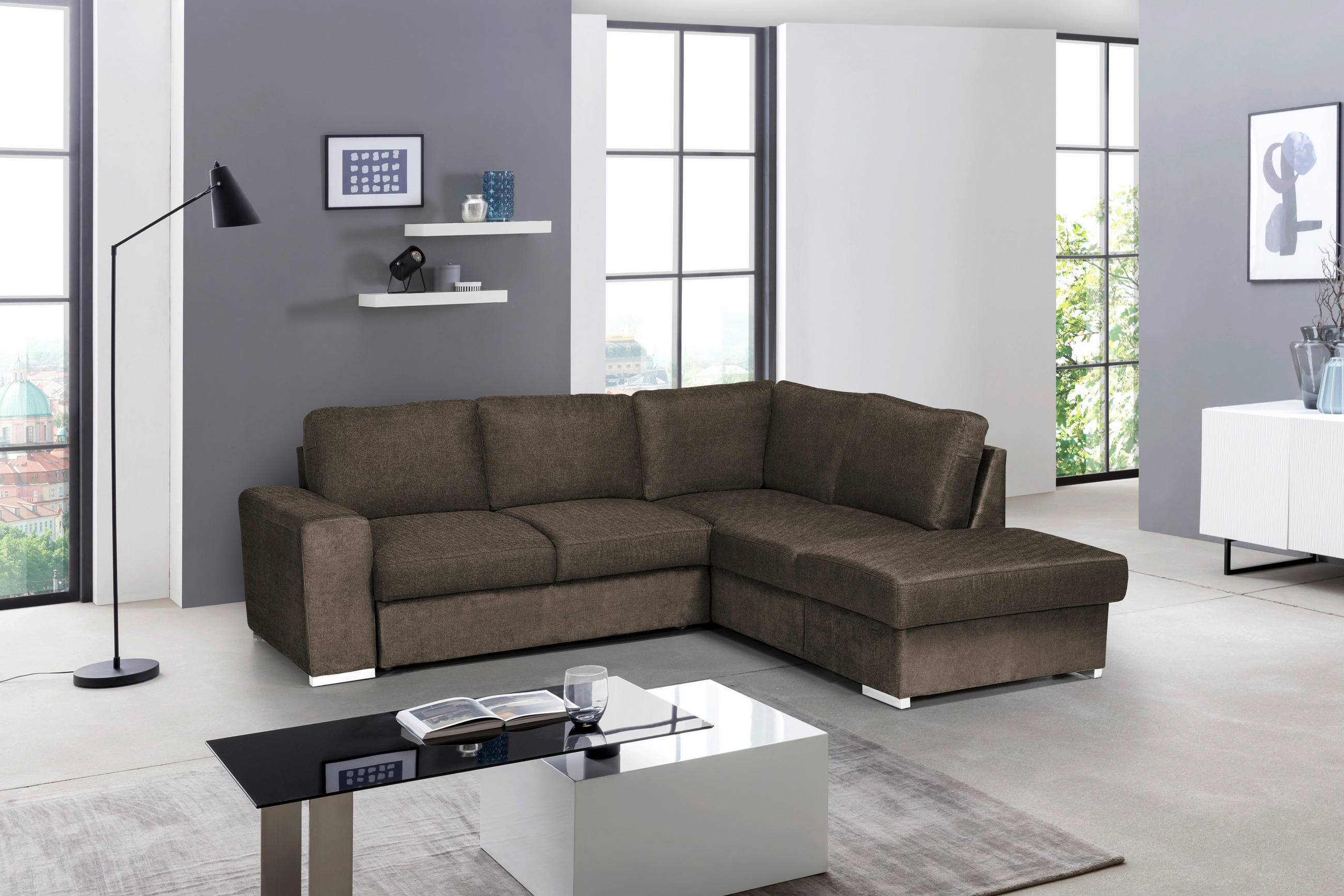 ECKSOFA Dunkelbraun Mikrofaser  - Chromfarben/Dunkelbraun, KONVENTIONELL, Textil/Metall (248/213cm) - MID.YOU