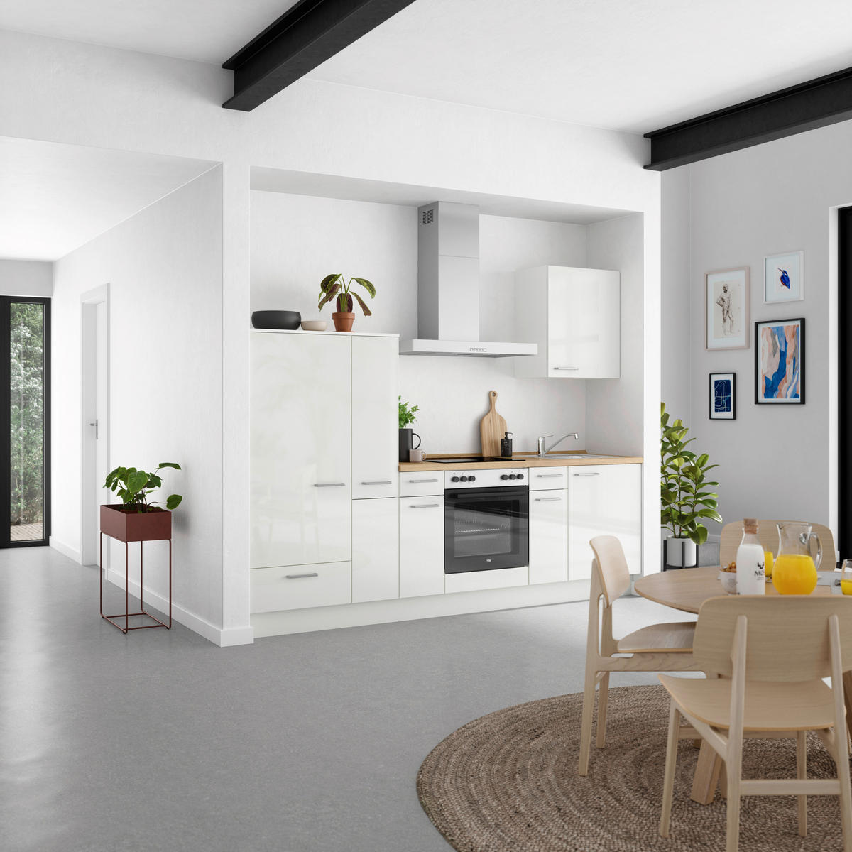 KÜCHENLEERBLOCK 270 cm   in Eichefarben, Weiß Hochglanz  - Edelstahlfarben/Eichefarben, MODERN, Holzwerkstoff/Metall (270cm) - Nobilia