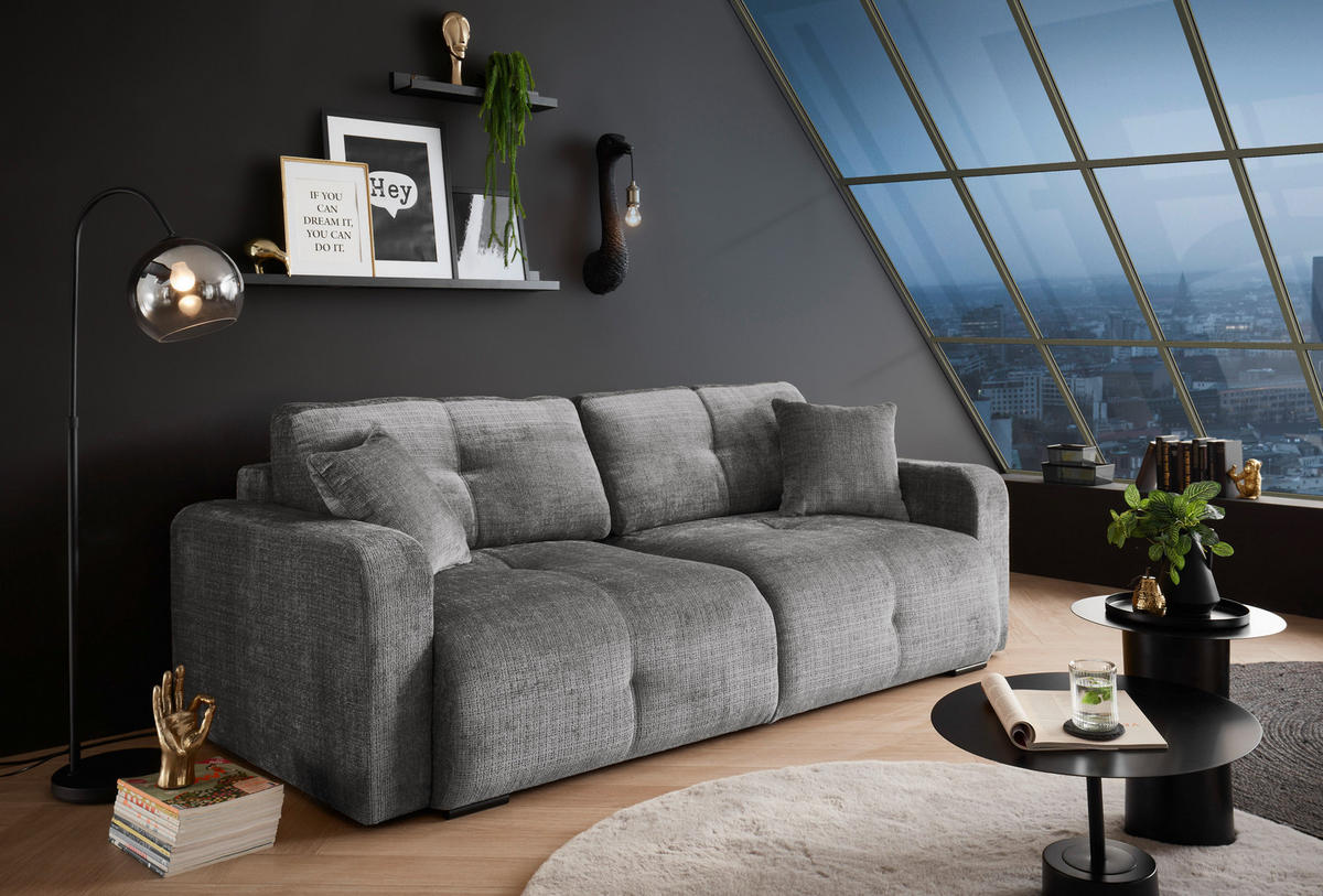 SCHLAFSOFA  mit Schlafen auf Sitzhöhe, Rücken echt, Armteil links, Armteil rechts Chenille Grau  - Schwarz/Grau, KONVENTIONELL, Kunststoff/Textil (235/88/120cm) - MID.YOU
