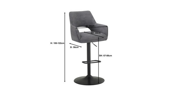 BARHOCKER Cord Schwarz, Dunkelgrau Eisen Sitzfläche 360° drehbar, inklusive Armlehnen  - Dunkelgrau/Schwarz, Design, Textil/Metall (56/102-123/58cm) - Hom`in