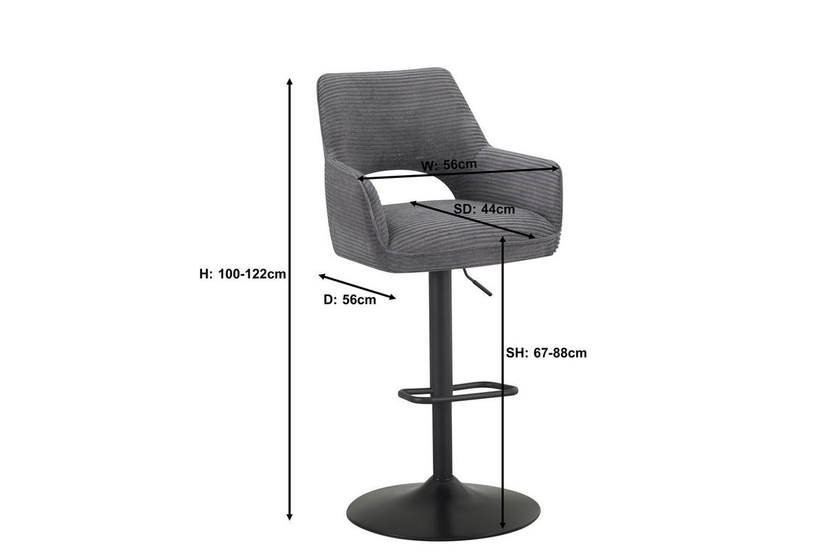 BARHOCKER Cord Schwarz, Dunkelgrau Eisen Sitzfläche 360° drehbar, inklusive Armlehnen  - Dunkelgrau/Schwarz, Design, Textil/Metall (56/102-123/58cm) - Hom`in