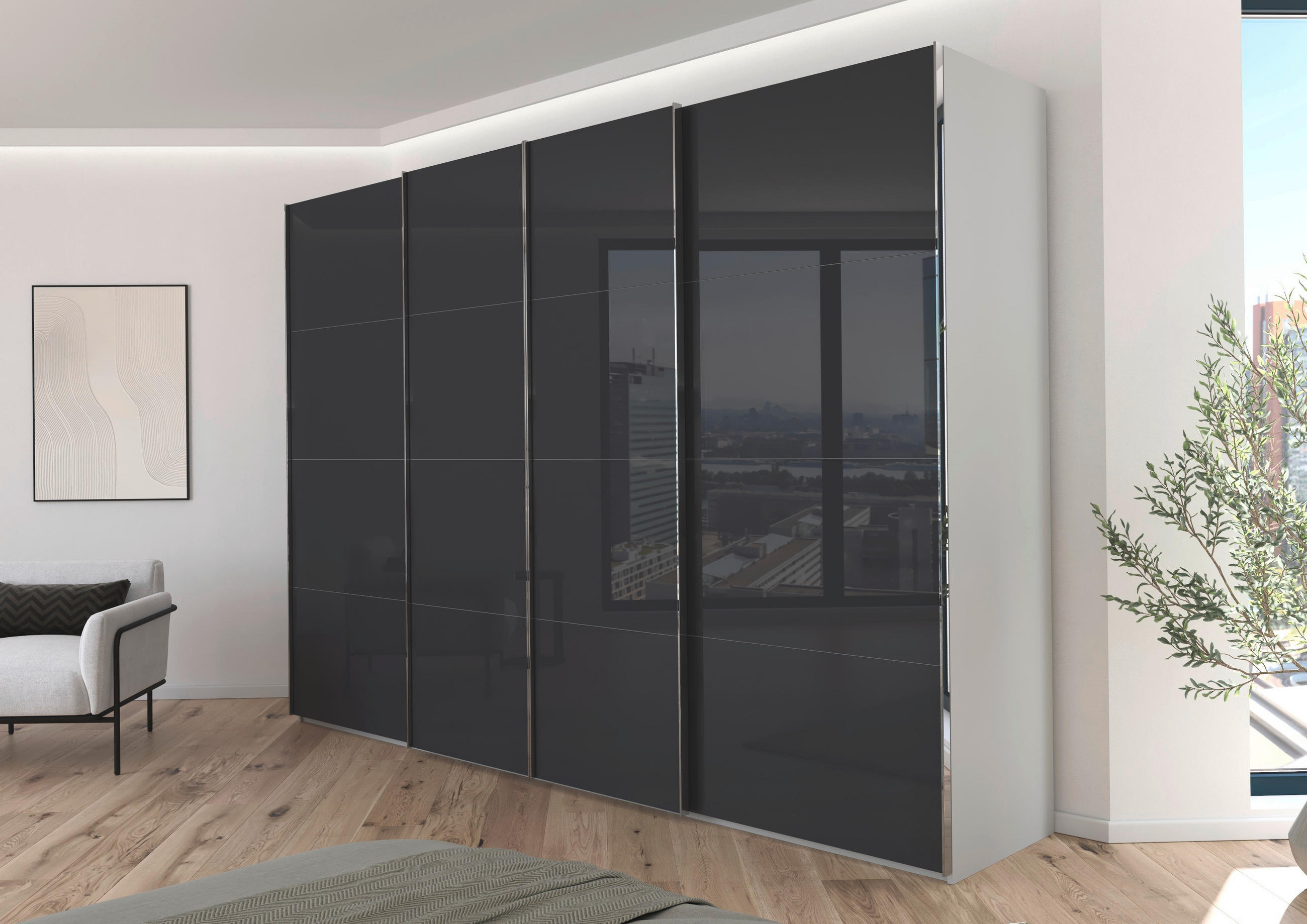 SCHWEBETÜRENSCHRANK 316/223/68 cm 4-türig Grau, Hellgrau  - Chromfarben/Hellgrau, Design, Glas/Holzwerkstoff (316/223/68cm) - Novel