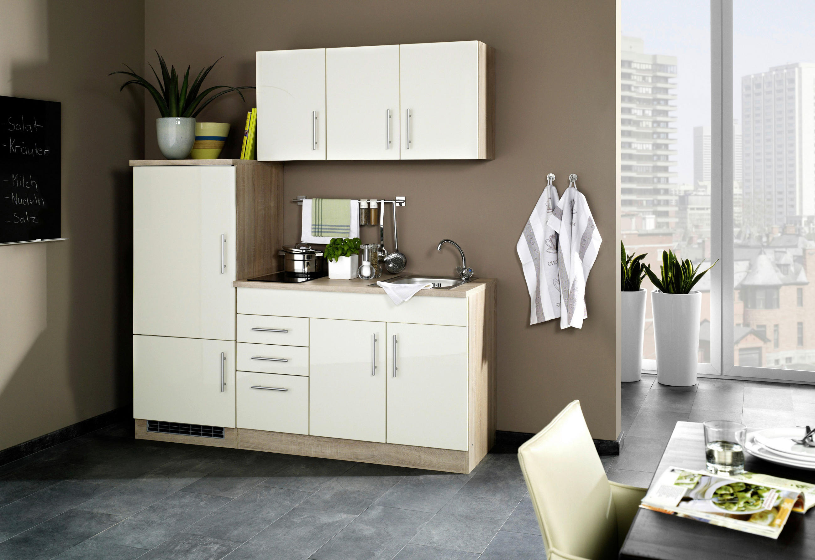 KÜCHENBLOCK 180 cm   in Creme  - Chromfarben/Eichefarben, MODERN, Holzwerkstoff/Metall (180cm) - Held