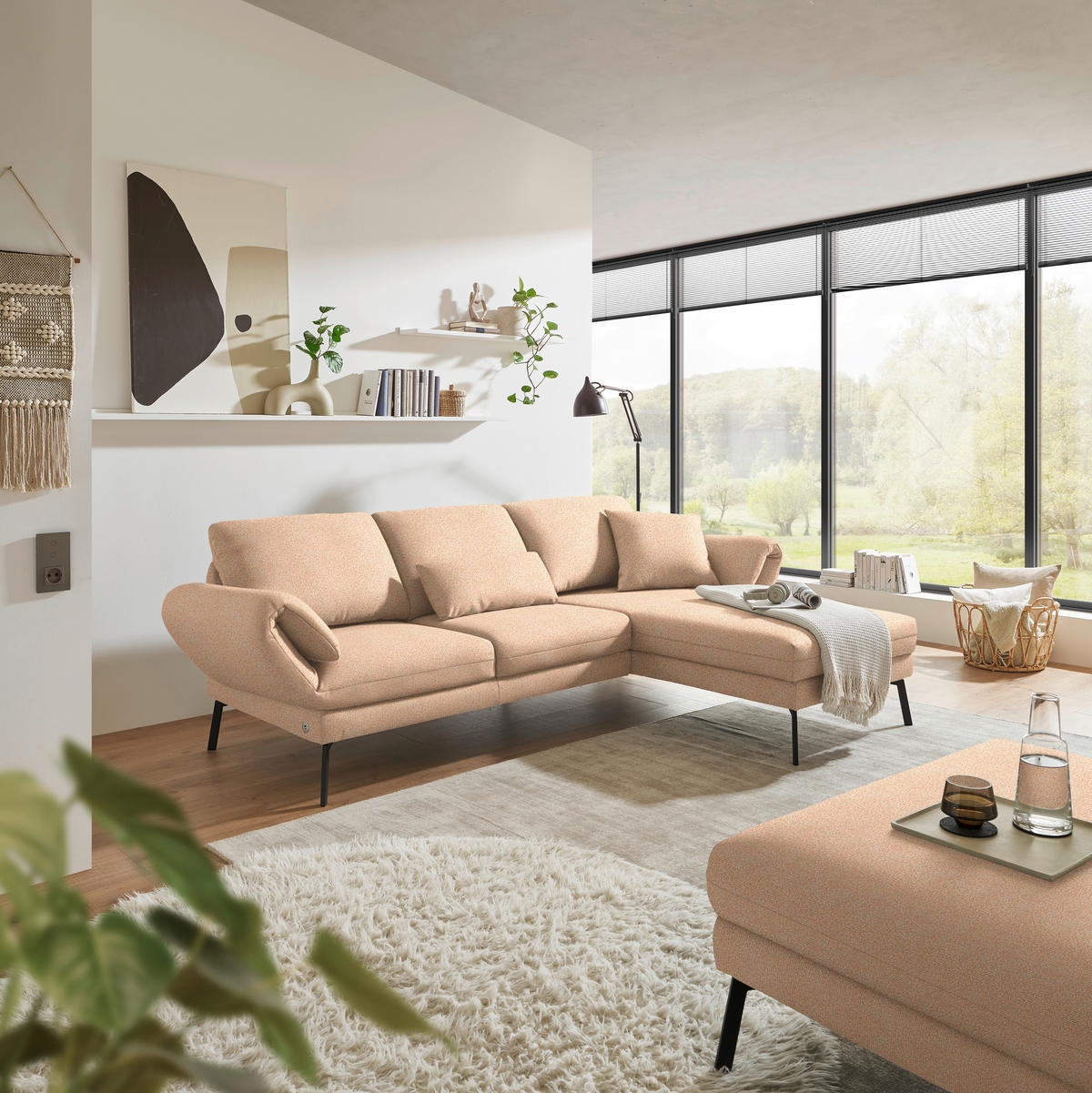 ECKSOFA Flachgewebe Lachsfarben  - Schwarz/Lachsfarben, Design, Textil/Metall (255-365/175-224cm) - Dieter Knoll