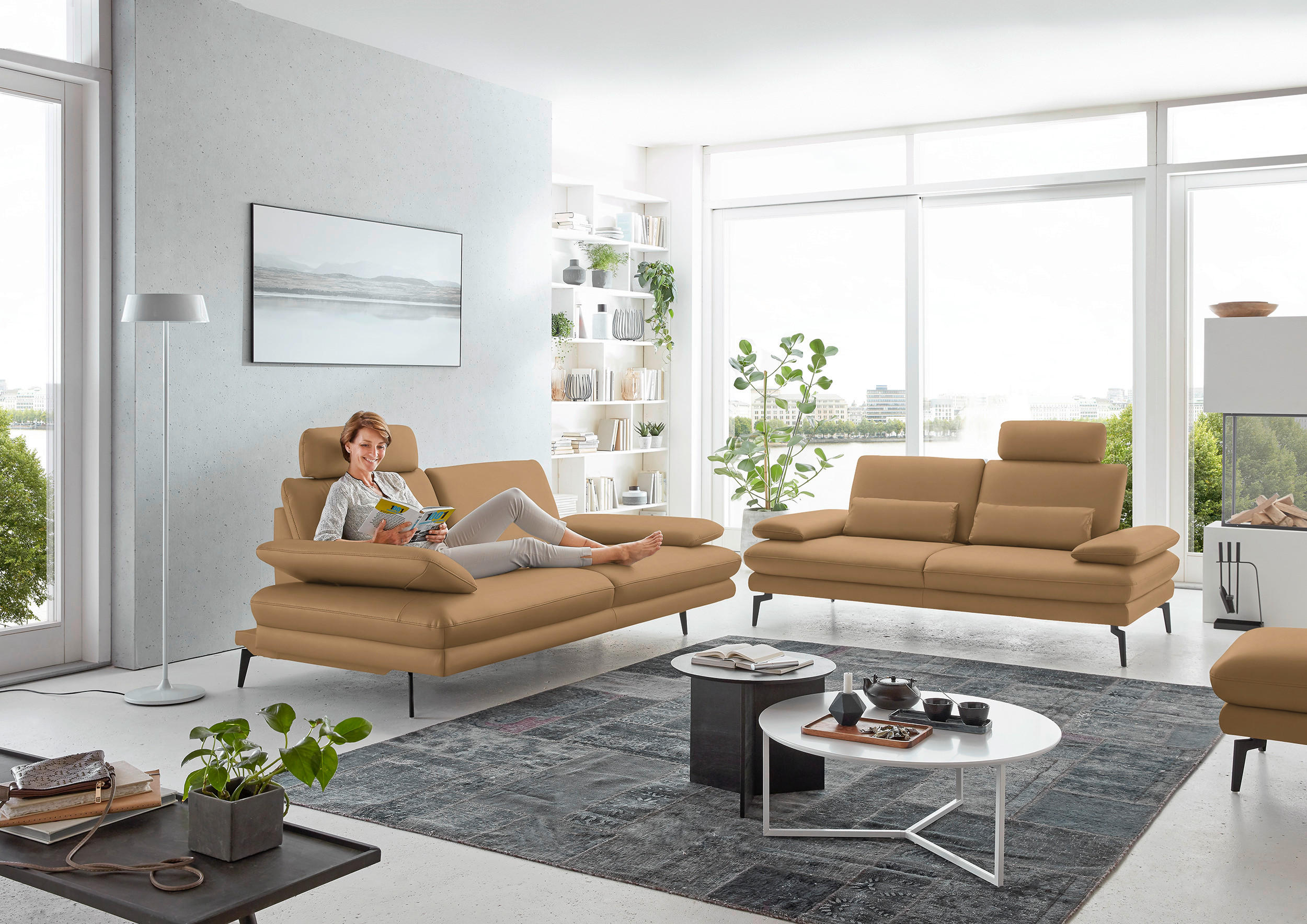 2,5-SITZER in Echtleder Honig  - Schwarz/Honig, Design, Leder/Metall (196/86/104cm) - Dieter Knoll