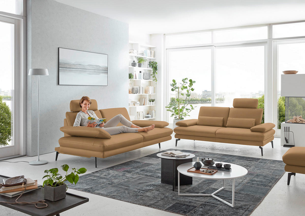2,5-SITZER in Echtleder Honig  - Schwarz/Honig, Design, Leder/Metall (196/86/104cm) - Dieter Knoll