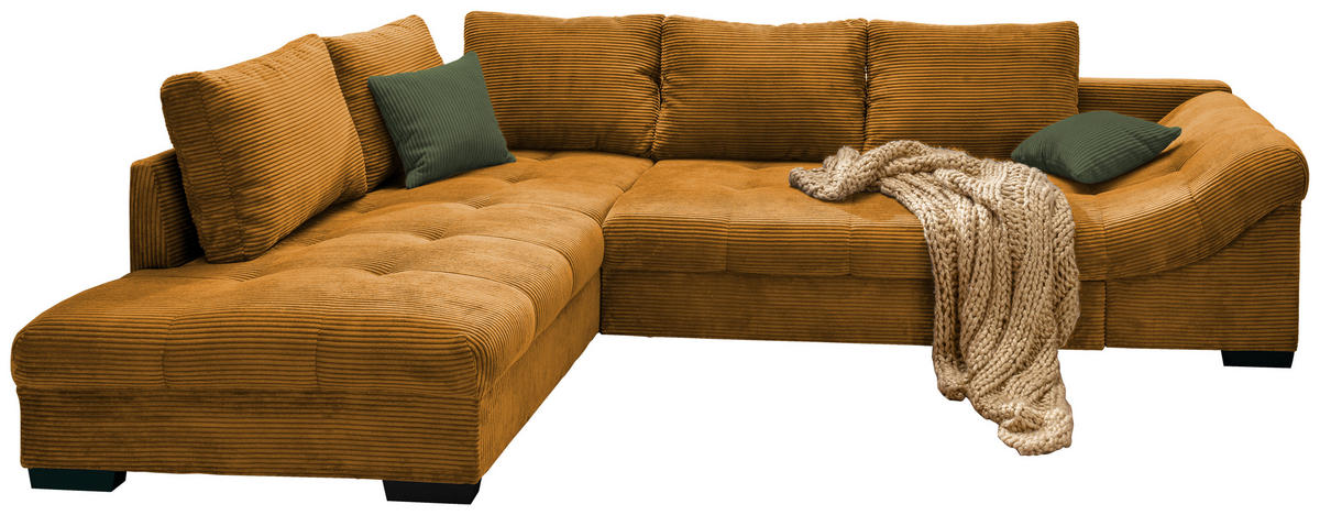 ECKSOFA Cognac Cord  - Dunkelgrün/Cognac, Design, Holz/Textil (202/298cm) - MID.YOU