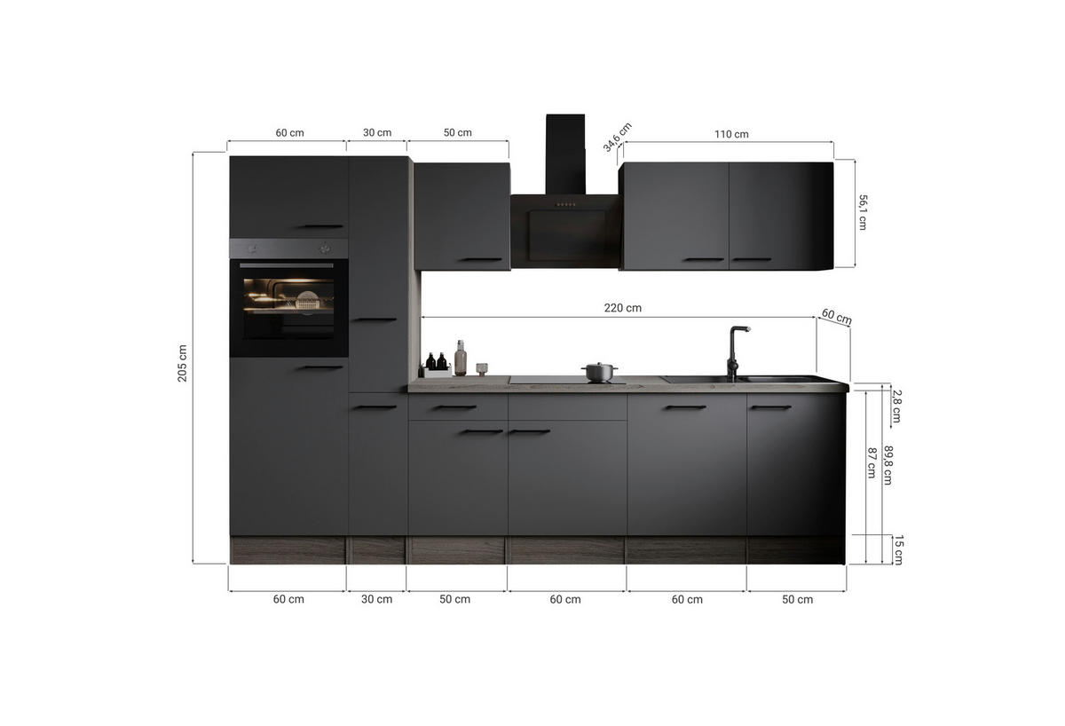 KÜCHENBLOCK 310 cm   in Grau, Eichefarben  - Eichefarben/Schwarz, Design, Holzwerkstoff/Metall (310cm) - Respekta