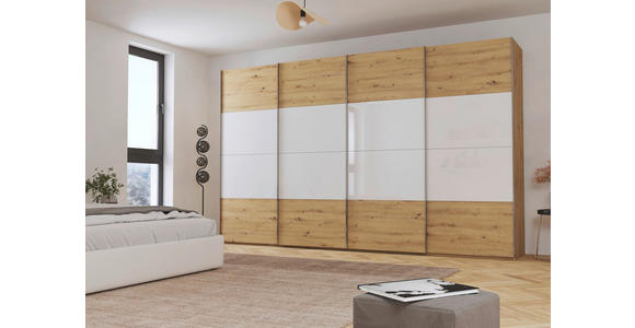 SCHWEBETÜRENSCHRANK 361/235/68 cm 4-türig Weiß, Eiche Artisan  - Chromfarben/Weiß, KONVENTIONELL, Glas/Holzwerkstoff (361/235/68cm) - Novel
