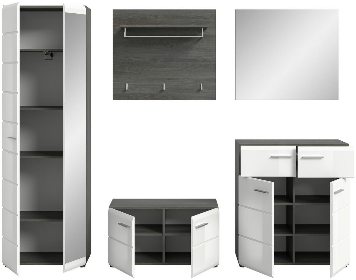 GARDEROBE 5-teilig  in 250/192/37 cm  - Weiß Hochglanz, Design, Glas/Holzwerkstoff (250/192/37cm) - MID.YOU