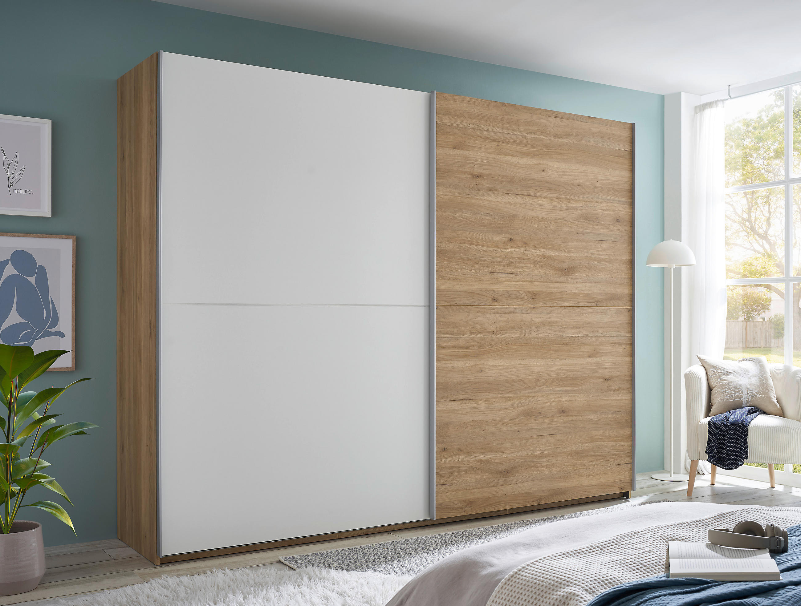 SCHWEBETÜRENSCHRANK 270/210/60 cm 2-türig Weiß, Eichefarben  - Eichefarben/Alufarben, MODERN, Holzwerkstoff/Metall (270/210/60cm) - Livetastic