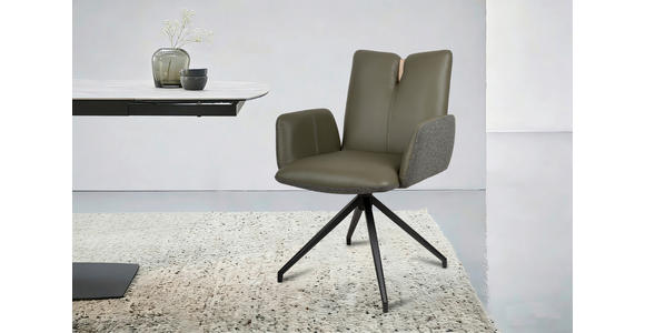 ARMLEHNSTUHL  Sitzfläche 360° drehbar, automatische Rückholfunktion Bouclé Echtleder  - Schwarz/Grün, Design, Leder/Holz (62/87/63cm) - Valnatura