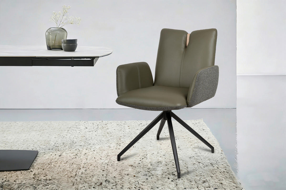 ARMLEHNSTUHL  Sitzfläche 360° drehbar, automatische Rückholfunktion Bouclé Echtleder  - Schwarz/Grün, Design, Leder/Holz (62/87/63cm) - Valnatura