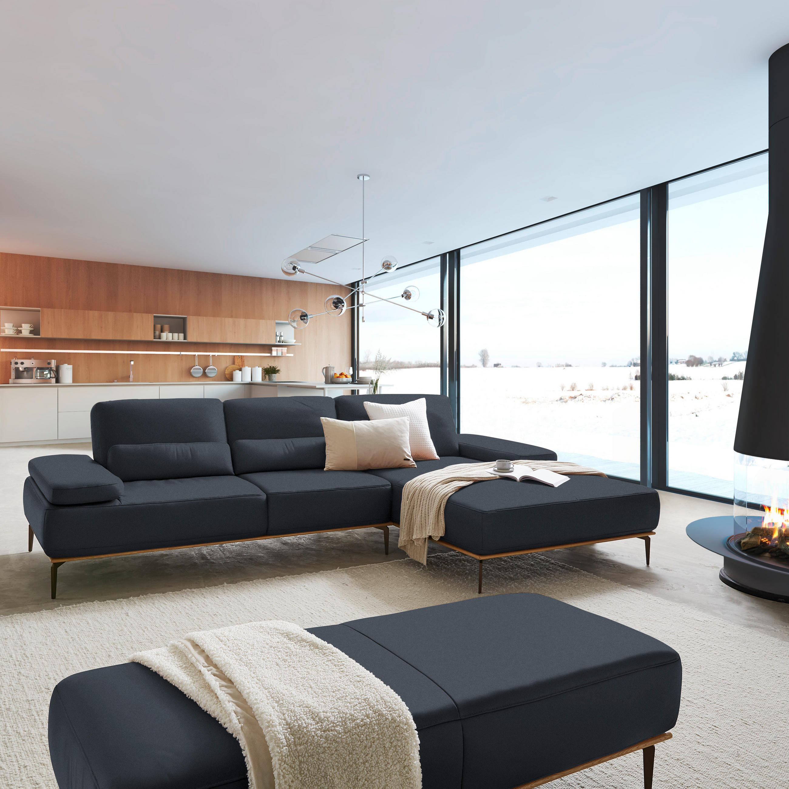 ECKSOFA in Echtleder Dunkelblau  - Bronzefarben/Dunkelblau, Design, Leder/Holz (314/176cm) - Valnatura