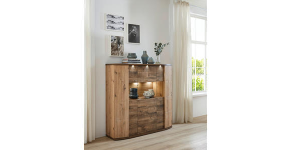 HIGHBOARD Eichefarben, Eiche Artisan Beleuchtung, Einlegeböden  - Eichefarben/Eiche Artisan, Design, Glas/Holzwerkstoff (144/140/42cm) - Xora