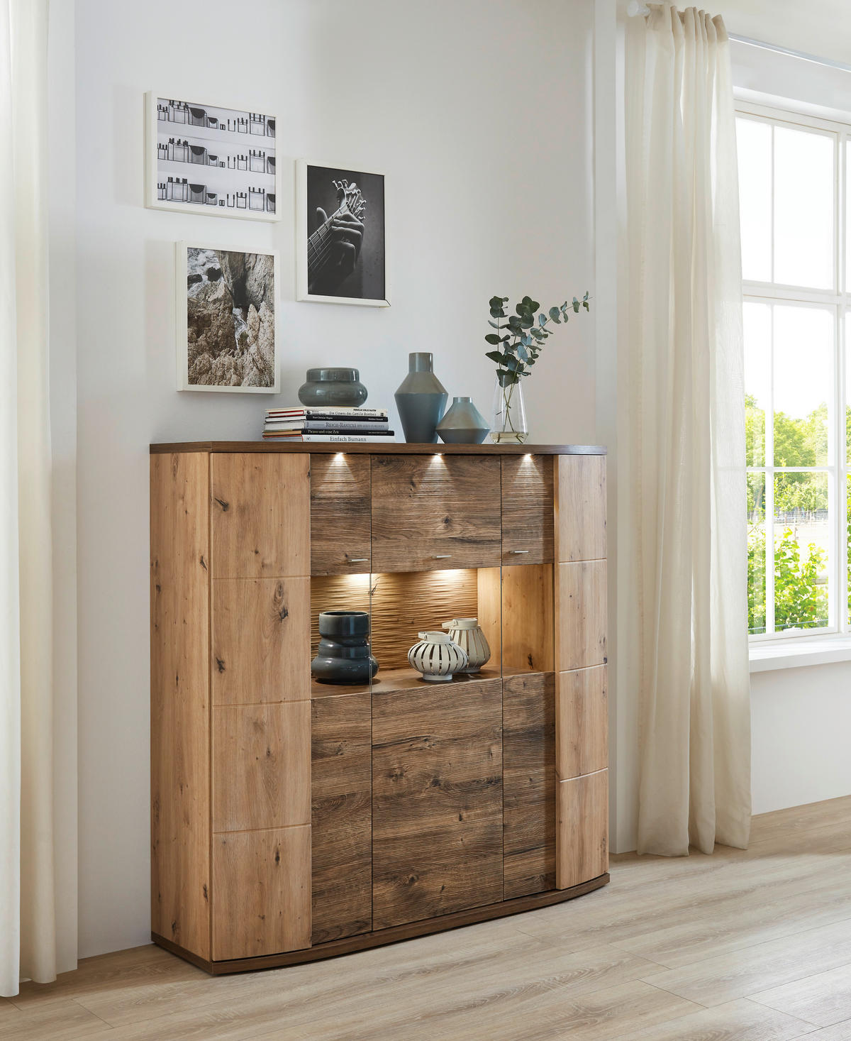 HIGHBOARD  in 144/140/42 cm  - Eichefarben/Eiche Artisan, Design, Glas/Holzwerkstoff (144/140/42cm) - Xora