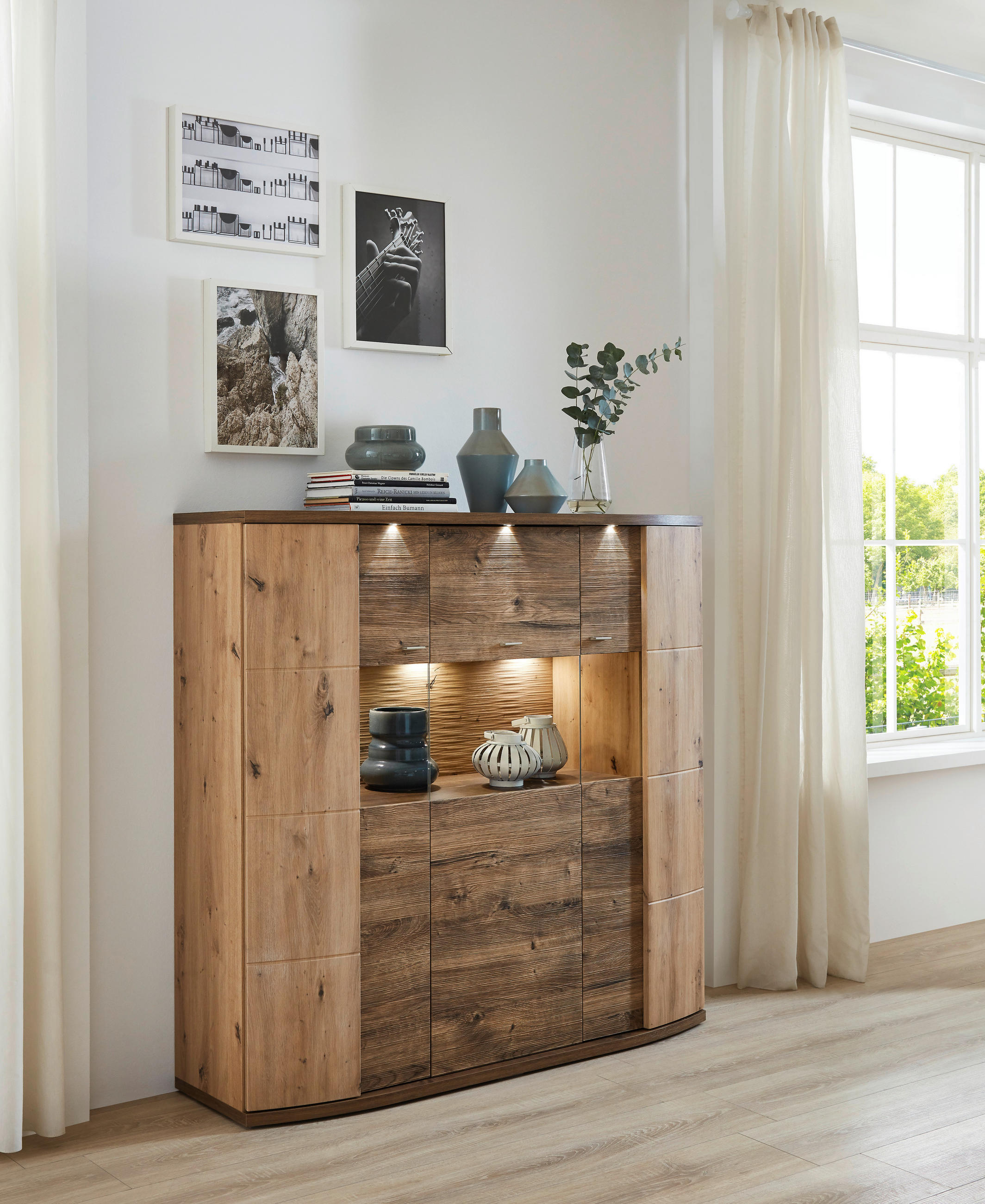 Thumbnail - Xora Highboard, Eiche, Eiche Artisan, Metall, 7 Fächer, F, 144x140x42 cm, Beimöbel erhältlich, stehend, Wohnzimmer, Komm...