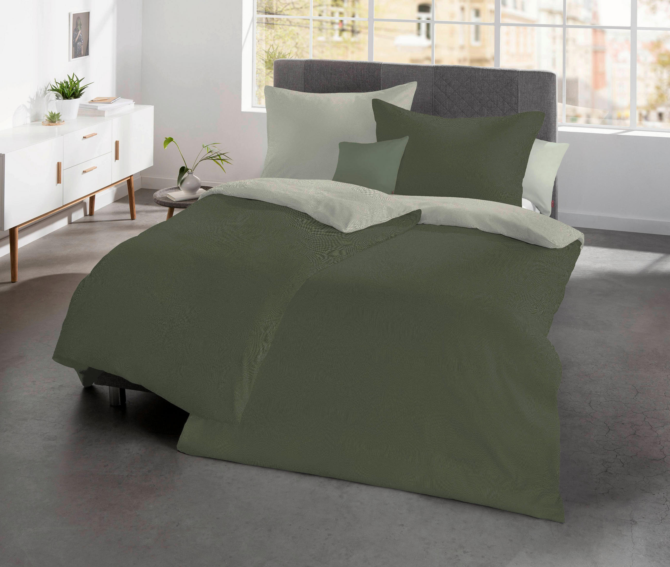 WENDEBETTWÄSCHE Lech Flanell 135/200 cm  - Silberfarben/Olivgrün, Design, Textil (135/200cm) - Fleuresse
