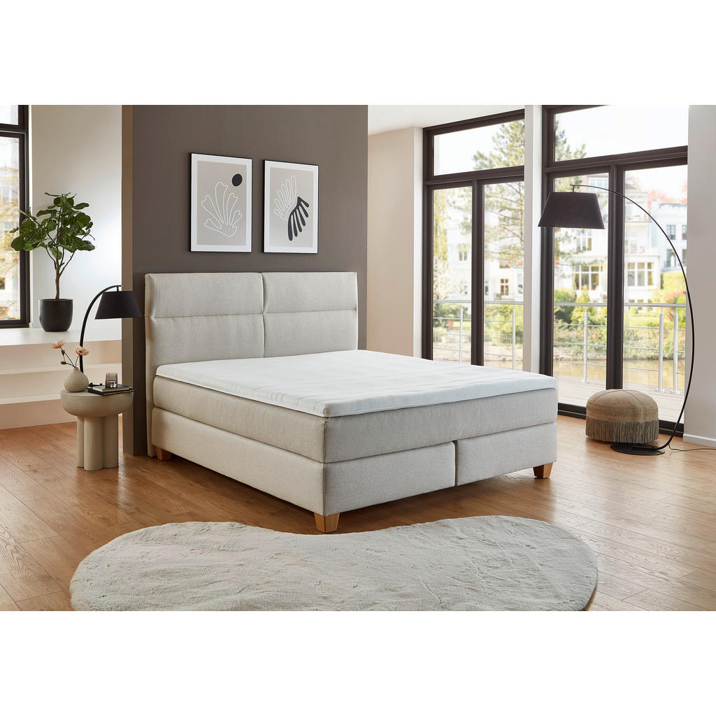 Thumbnail - Beldomo - Sleep Boxspringbett, Beige, Textil, Buche, massiv, H2 + H3, Höhe ca. 21 cm, 180x200 cm, Goldenes M, Made in EU...