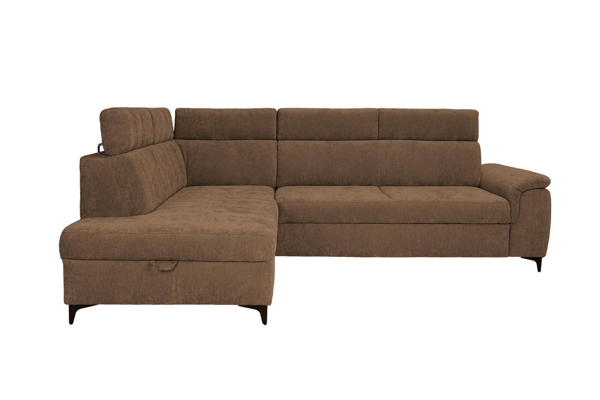 ECKSOFA Braun Chenille Bettkasten, Schlaffunktion, Rücken echt, Kopfteilverstellung, Liegefläche im Originalstoff  - Schwarz/Braun, KONVENTIONELL, Textil/Metall (206/265cm) - Carryhome
