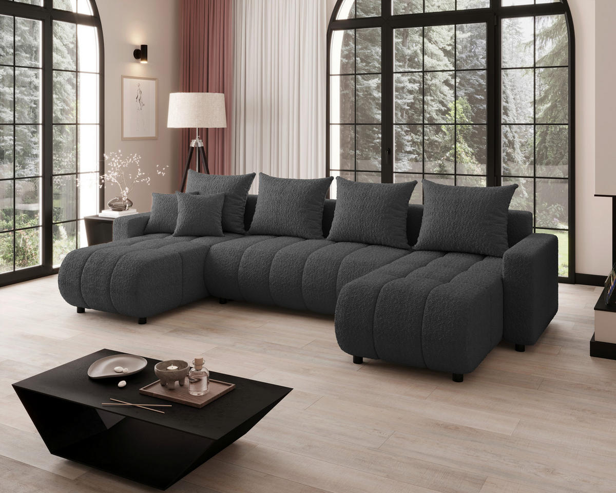 WOHNLANDSCHAFT Dunkelgrau Bouclé  - Dunkelgrau/Schwarz, MODERN, Kunststoff/Textil (150/312/150cm) - Carryhome