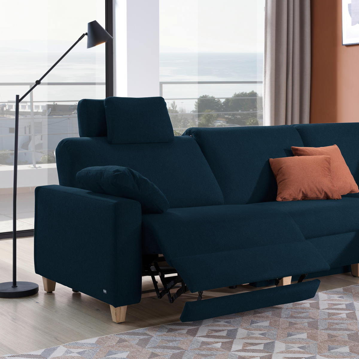 ECKSOFA in Flachgewebe Dunkelblau  261/203 cm  - Eichefarben/Dunkelblau, KONVENTIONELL, Holz/Textil (261/203cm) - Sedda