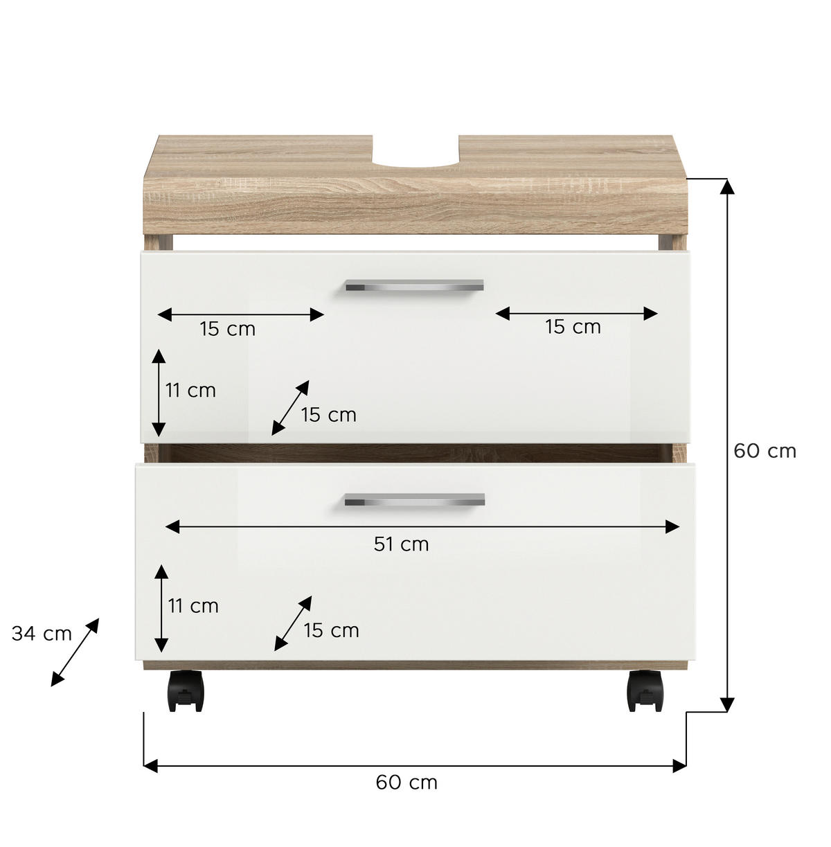 WASCHBECKENUNTERSCHRANK 60/60/34 cm  - Weiß Hochglanz/Silberfarben, Trend, Holzwerkstoff/Kunststoff (60/60/34cm) - MID.YOU