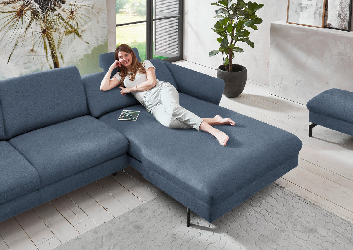 ECKSOFA in Velours Blau  - Blau/Schwarz, Design, Textil/Metall (306/179cm) - Beldomo System