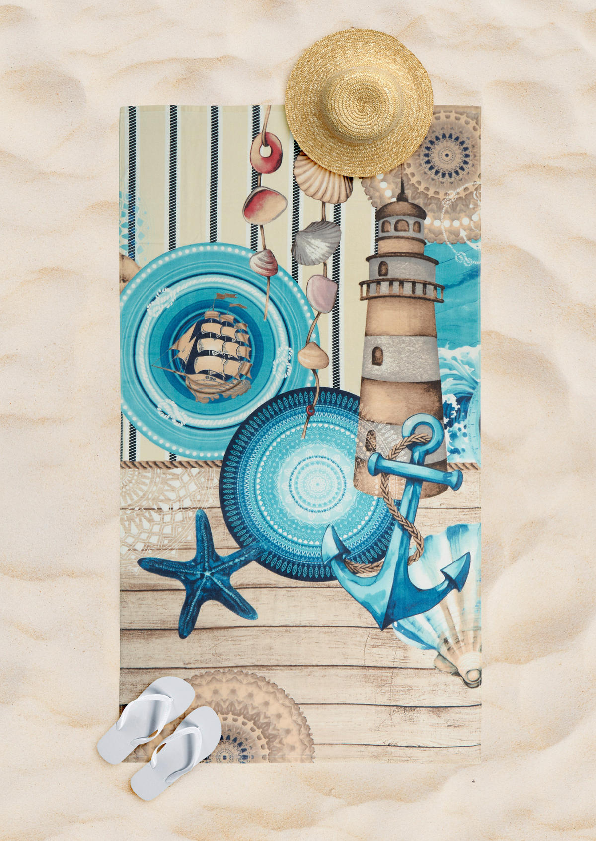 STRANDTUCH HIP Blau, Sandfarben, Beige 100/180 cm  - Sandfarben/Blau, Basics, Textil (100/180cm)