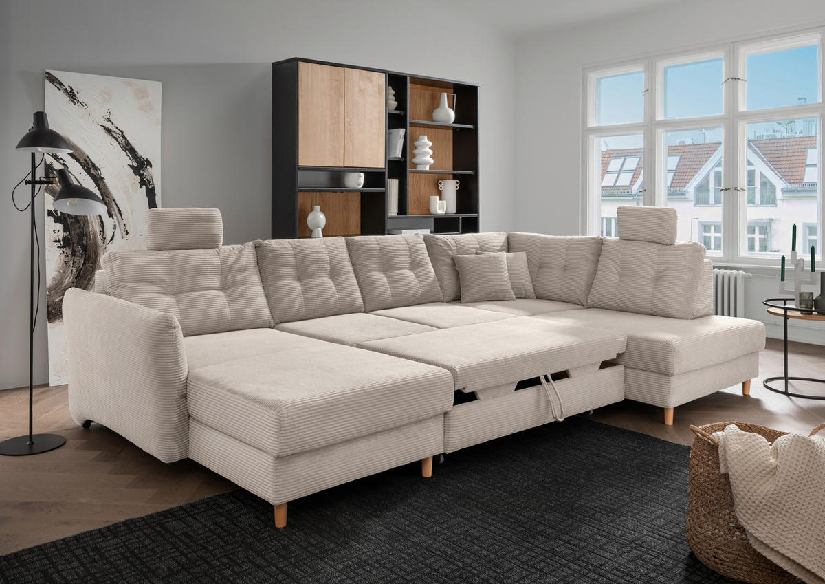 WOHNLANDSCHAFT in Cord Beige  - Beige/Naturfarben, Modern, Holz/Textil (176/338-352/206cm) - Livetastic