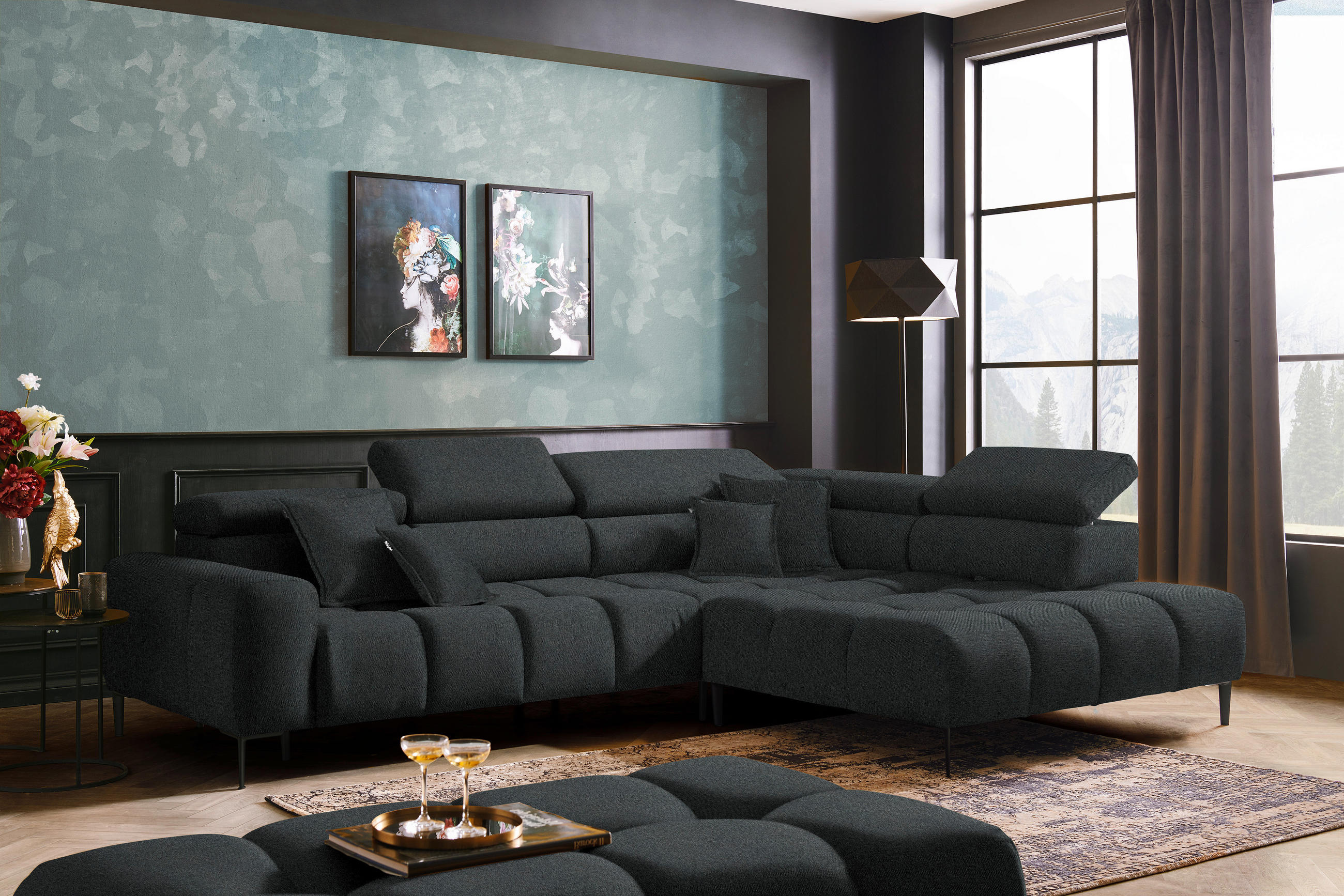 CANAPÉ D'ANGLE in Webstoff Graphitfarben  - Schwarz/Graphitfarben, Design, Textil/Metall (300/216cm) - Welnova
