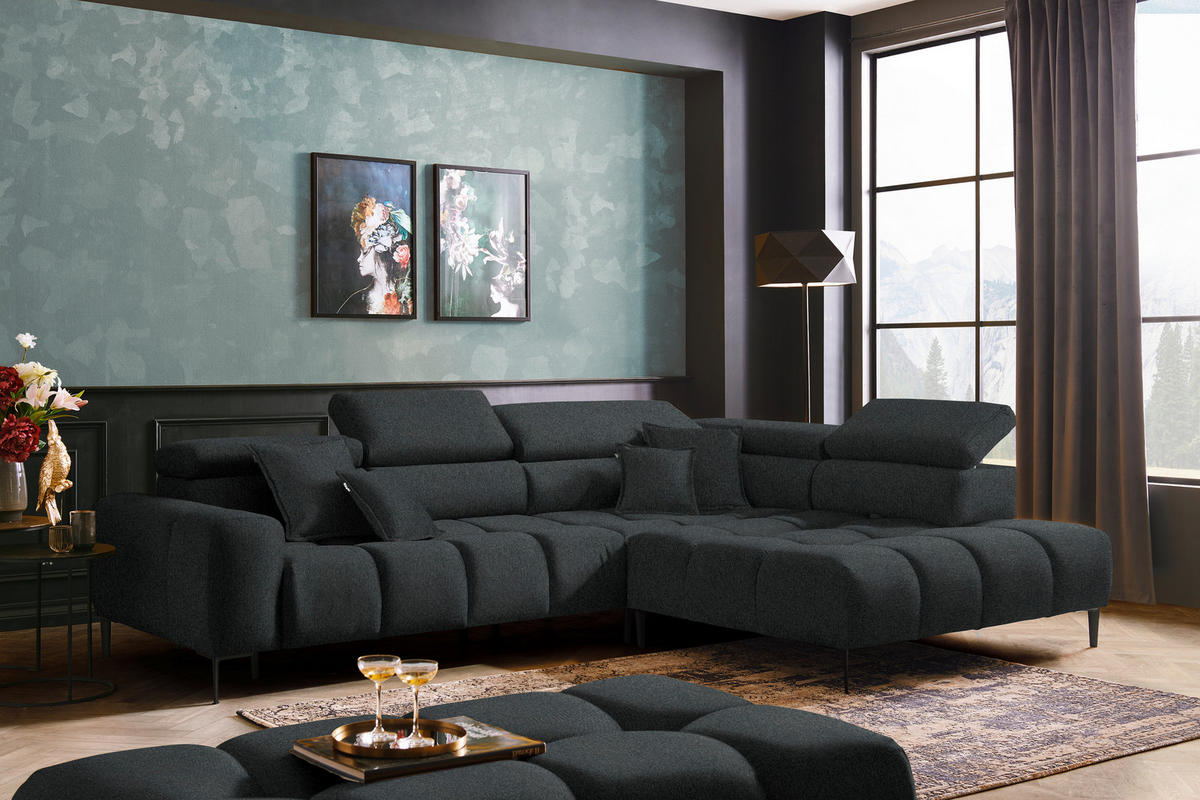 ECKSOFA Graphitfarben Webstoff  - Schwarz/Graphitfarben, Design, Textil/Metall (300/216cm) - Welnova