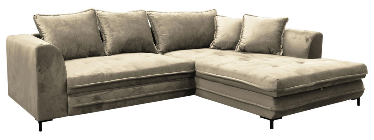 ECKSCHLAFSOFA  mit Rücken echt, Armteil rechts Velours Beige  - Beige/Schwarz, Design, Textil/Metall (277/187cm) - Livetastic